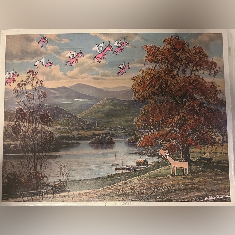 Whimsical Art Print with Pink Flying Unicorns Original Art Piece
